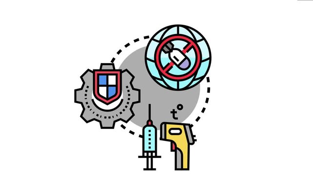 Global prevention and deterrence disease control with syringe and thermometer, conflict resolution with no bomb symbol, and security defense shield on a gear mechanism