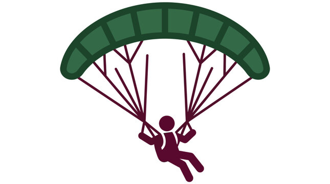 Green parachute icon flying with dark red silhouette person symbol for adventure design elements