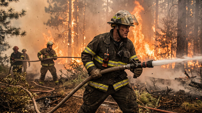 Brave firefighter team leader coordinating emergency operations while teammates extinguish spreading flames across a smoky forest.