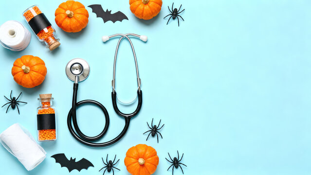 Halloween themed medical flat lay with pumpkins bats a stethoscope and candy on a light blue background, halloween holiday festive image design