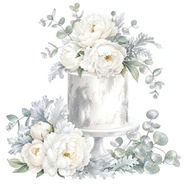 Tall White Anniversary Cake with Silver Leaf and Peonies