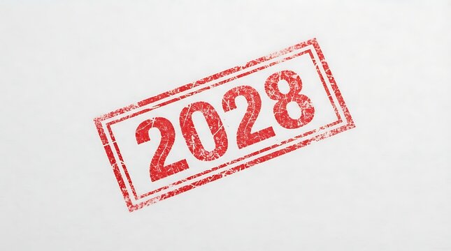 Red grunge rubber stamp impression displaying the year 2028 isolated on white