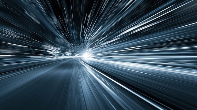 Abstract light trails streak forward, conveying motion and speed, showcasing futuristic technology and dynamic energy flow