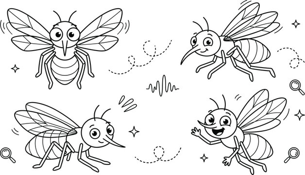Cute cartoon mosquito insect characters elements set with flying sitting waving bugs wings proboscis lineart sketch doodle illustration