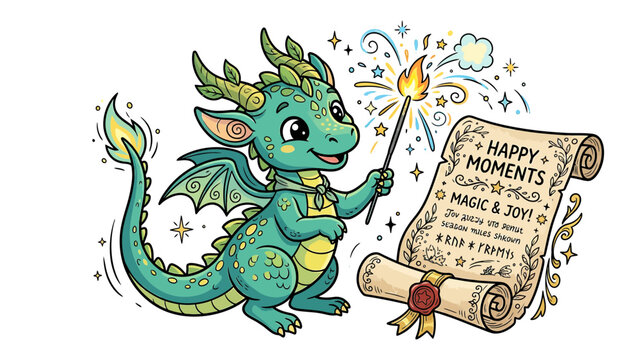 Cute Dragon Character with Magic Wand and Scroll