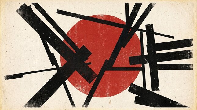 Abstract Retro Constructivist Geometric Red Circle and Black Lines Poster 5K