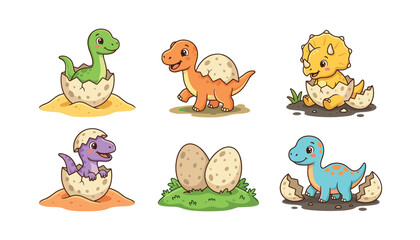 Cute baby dinosaur hatching vector set with cartoon little dinos cracking from eggs newborn triceratops raptor illustration © Siraj