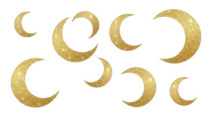 Golden crescent moons with shimmering glitter texture during night sky concept isolated on transparent background © Rakib