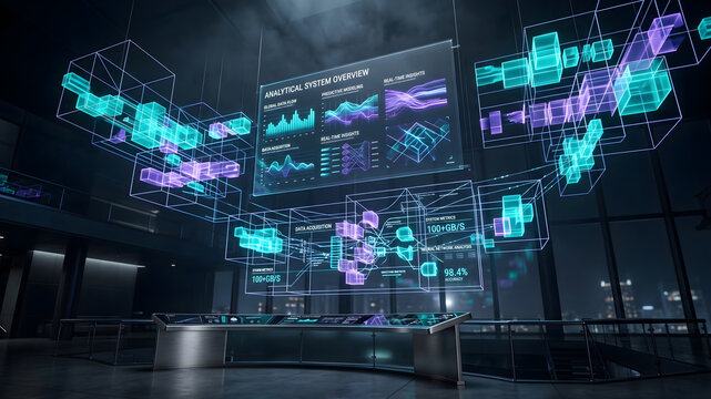 Background copy space elegant modern technology analytics dashboard with glowing abstract data blocks and minimalist geometric wireframes for corporate presentation