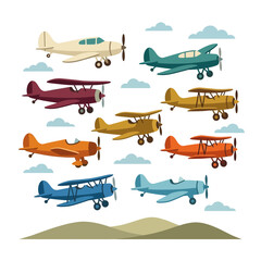 Colorful Vintage Airplanes Flying with Clouds © ainul