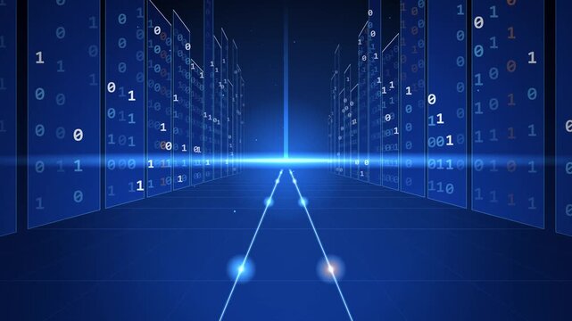 Digital data city corridor with binary code rain and light path