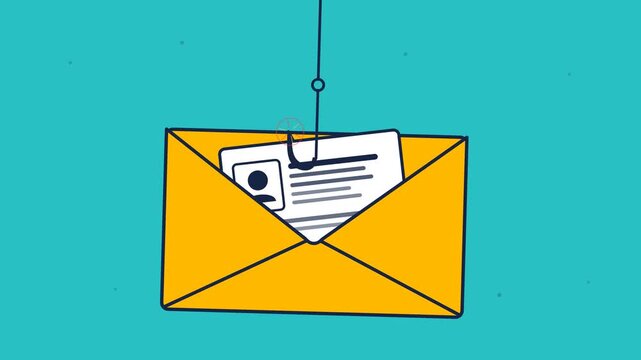 Yellow Email Envelope with ID Card Caught on Fishing Hook Animation