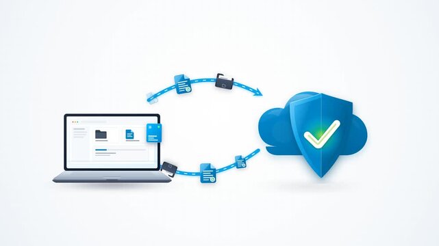 Cloud Storage and Security Backup Animation with Laptop and Shield