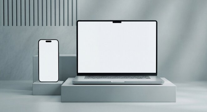 A laptop and a smartphone with blank white screens placed on geometric podiums in a studio with smartphone with smartphone