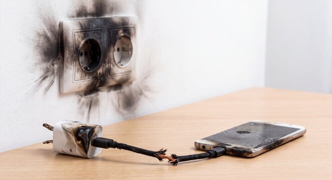 Burnt smartphone charging cable and wall outlet damaged by an electrical fire on a table with electrical short circuit damaged power adapter