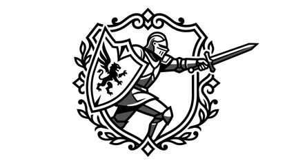 Fototapeta premium Knight in Armor with Sword and Shield Emblem
