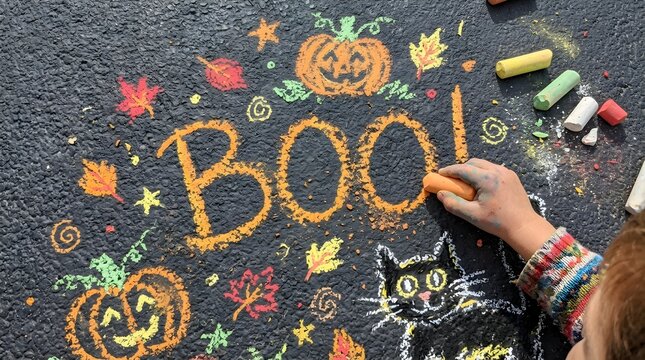 A child drawing the word boo with orange chalk on black asphalt surrounded by colorful autumn leaves, a jackolantern, and a black cat illustration for a festive halloween celebration