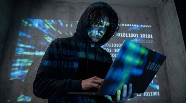 Hacker with laptop and binary code projection in dark room