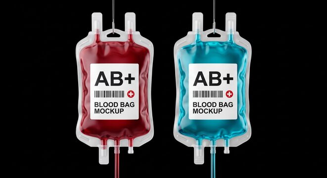 Two plastic medical blood bags with red and blue liquid hanging against a black background with vertically against solid clear plastic transfusion