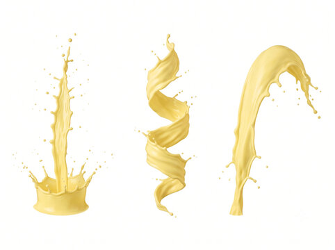 Horizontal set of three pastel yellow banana milk splashes in vertical arch forms on white 21:9