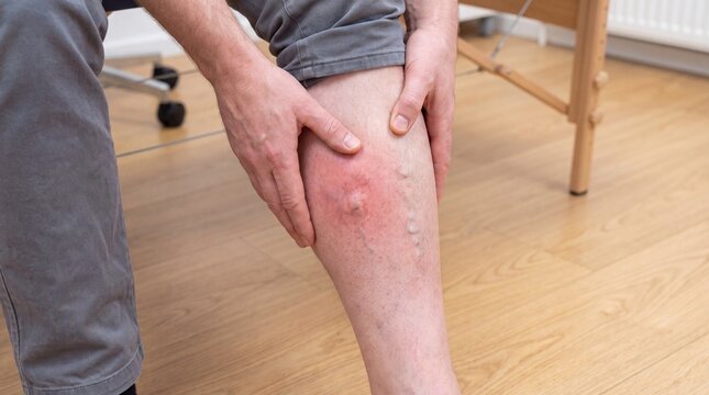 Person examining a swollen red patch on their lower leg while sitting in a room with man touches painful inflamed area his calf which signs visible varicose veins