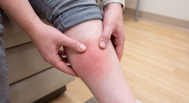 A person examines a large patch of red irritated skin on their lower leg indoors with person touches bright red inflamed area shin while sitting indoor setting