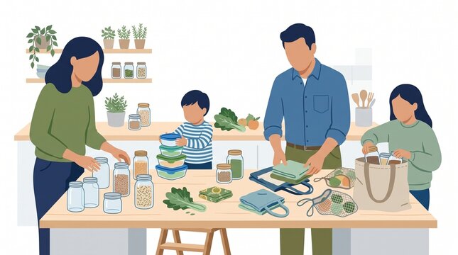 Family organizing pantry staples and fresh produce with reusable containers during daylight in a bright kitchen