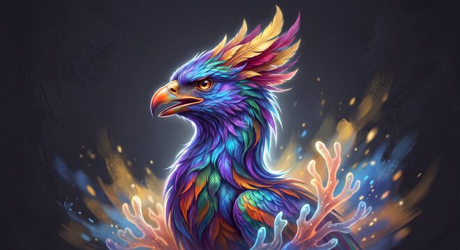 A vibrant multicolored mythical bird with ornate feathers stands against a dark abstract background with colored plumage surrounded surrounded glowing organic