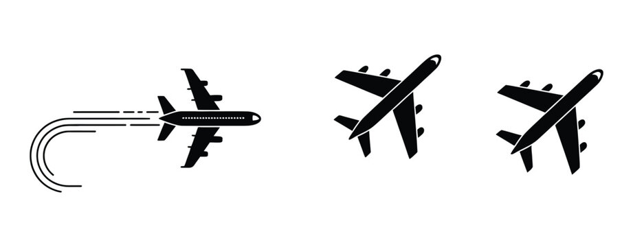 Airplane flight, minimalist vector illustration featuring an airliner jet silhouette with a curved flight path, aviation symbol, and isolated graphic design.