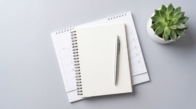Blank spiral notebook with metal pen and small succulent plant on grey desk surface top view with notebook rests calendar small potted professional