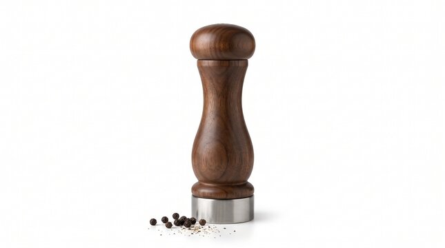 Wooden pepper mill with black peppercorns, dark wood pepper grinder tool, classic spice mill for culinary cooking, traditional pepper shaker isolated PNG with Transparent Background