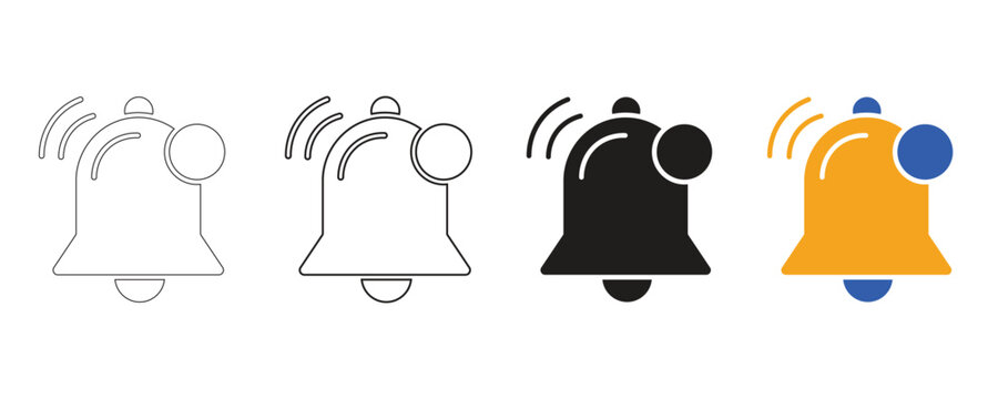 Notification bell icons in outline filled and color styles on white background for alerts