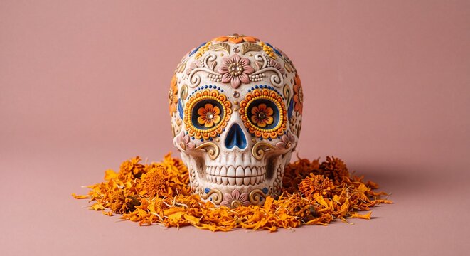 A decorative sugar skull surrounded by orange marigold flowers on a light pink background with colorful floral patterns amidst scattered orange