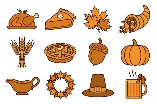 Flat Thanksgiving Icon Set &ndash; Turkey Dinner and Autumn Harvest Symbols