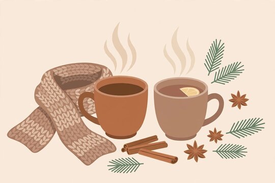 Cozy Winter Hot Drinks Illustration &ndash; Coffee Tea and Cinnamon
