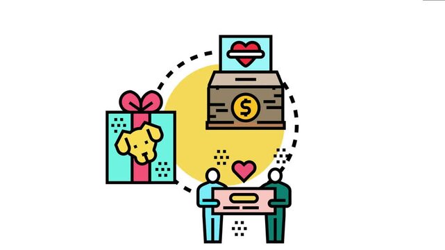 Philanthropic contribution featuring donation box receiving hearts and money, gift box with pet symbol, and people holding a large check, various forms of giving