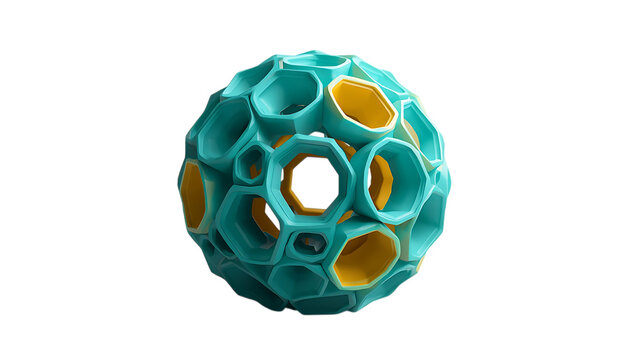 Colorful geometric sphere made from interconnected circular plastic segments transparent background