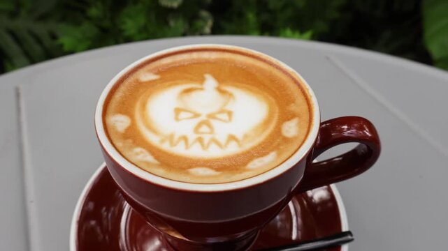 Creative pumpkin ghost latte art on a coffee cup vibrating slightly for a spooky holiday vibe