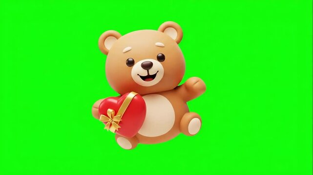 Brown teddy bear holding a red heart box on a green screen. Suitable for valentines, greetings, gifts, events, and animations.
