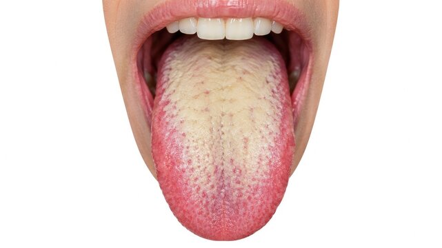 Close up of human tongue covered with thick white coating and visible red papillae inside open mouth isolated on white background