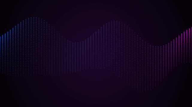 Glowing neon blue and magenta digital audio wave formed by dotted particle equalizer lines flowing across dark background in seamless loop motion graphics video for technology and music backdrop