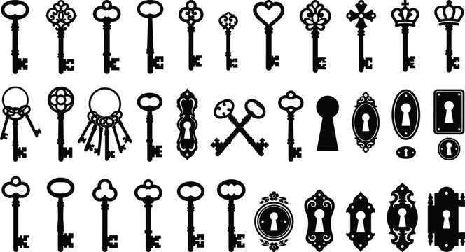 Vintage keys and keyholes silhouette vector set featuring antique skeleton keys lock icons and decorative hardware elements illustration