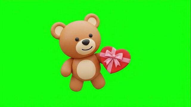 Brown teddy bear holding a red heart gift box on a green screen. Suitable for valentines, romance, gifts, greetings, and animations.