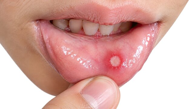 Close up of painful round aphthous mouth ulcer with white center and inflamed red border inside lower lip isolated on white background