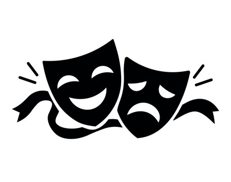 Drama masks vector icon representing comedy and tragedy, theater performance symbol, black and white carnival mask illustration
