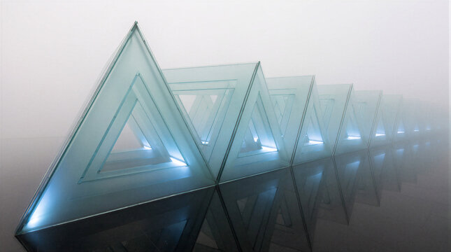 Tunnel of frosted glass Penrose triangles forming an impossible geometric chain in misty space