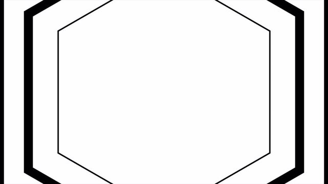 Geometric hexagon frame transition on a white background.