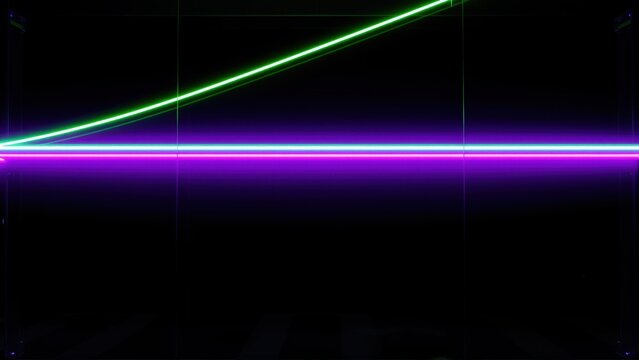 Bright neon lines depict curves against dark background. Purple represents linear function, green exponential growth. Minimalist design.