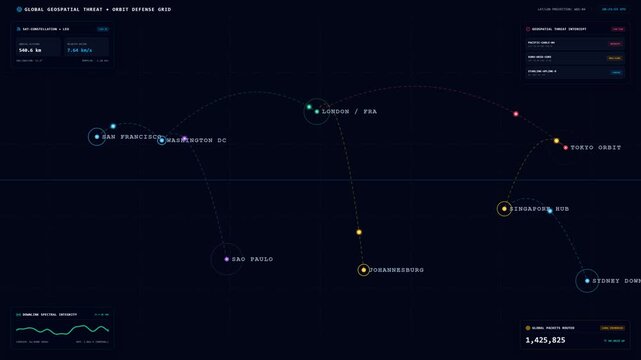 Satellite Orbit Defense Grid HUD with Global Geospatial Tracking