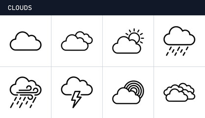 Fototapeta premium Weather icons set with clouds, sun, rain, lightning and rainbow for meteorology